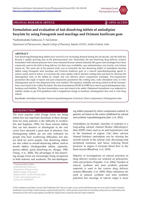 Formulation and evaluation of fast dissolving tablets of amlodipine ...