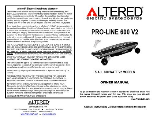 EXKATE ALTERED PRO-LINE 600 V3 ELECTRIC SKATEBOARD PARTS ONLY 