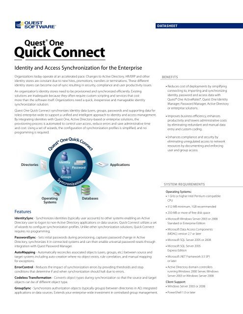 Quest One Quick Connect Quest Software