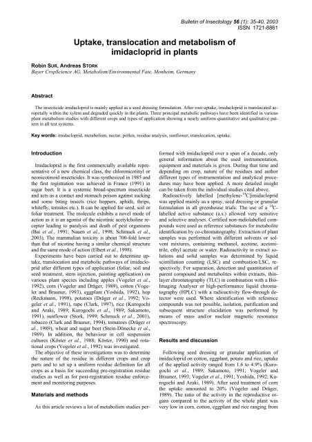 Uptake, translocation and metabolism of imidacloprid in plants