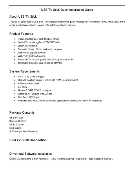 USB TV Stick Quick Installation Guide - MyGica