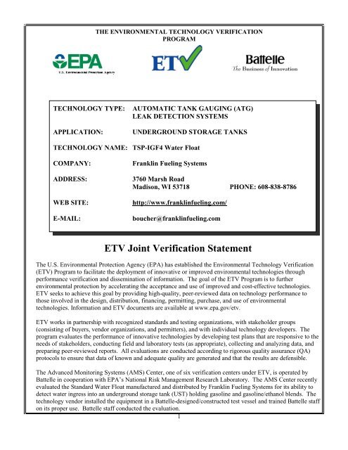 Franklin Fueling Systems TSP-IGF4 Water Float - NSCEP | US EPA ...