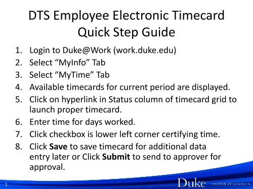 DTS Employee Electronic Timecard Quick Step Guide