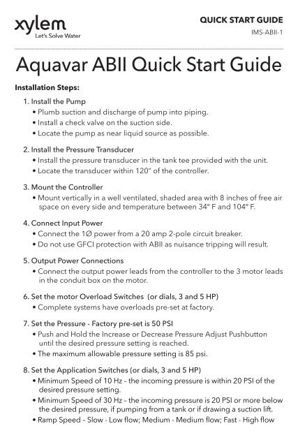 Aquavar ABII Quick Start Guide - Xylem Applied Water Systems