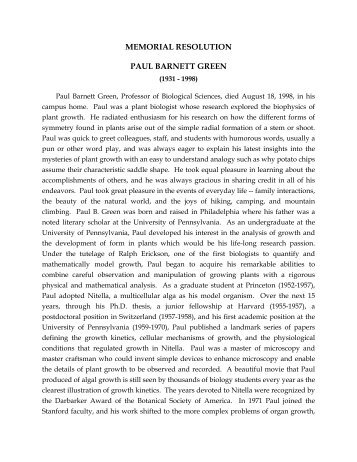 memorial resolution paul barnett green - Stanford Historical Society