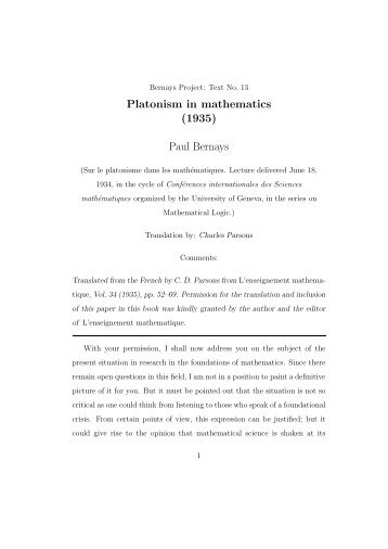 Platonism in mathematics (1935) Paul Bernays - Phil Cmu