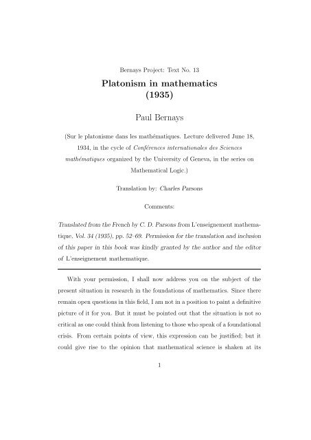 Platonism in mathematics (1935) Paul Bernays - Phil Cmu