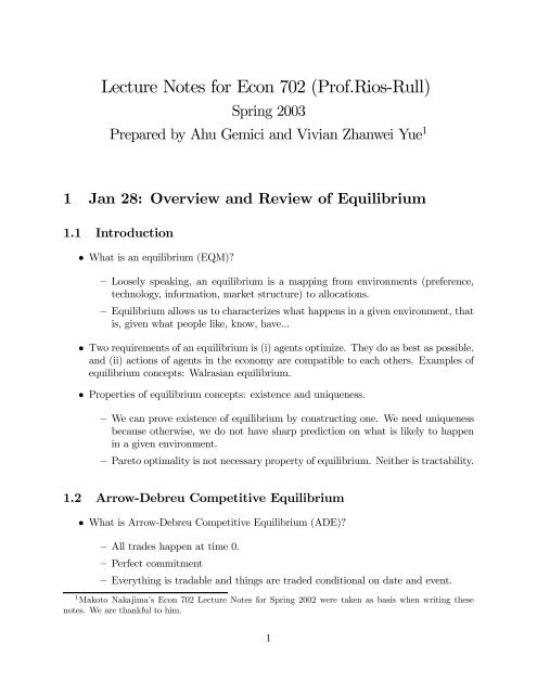 Lecture Notes for Econ 702 (Prof.Rios-Rull)