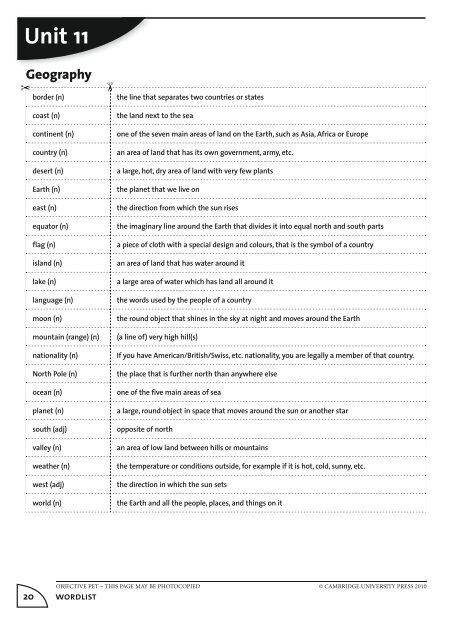 Objective PET: Wordlist with definitions - Cambridge University Press
