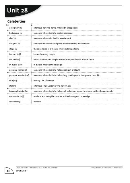 Objective PET: Wordlist with definitions - Cambridge University Press