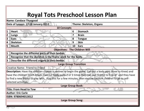 Royal Tots Preschool Lesson Plan Name - WeberTube