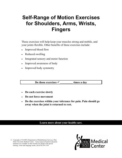 Self Range Of Motion Exercises For Shoulders Arms Wrists Fingers