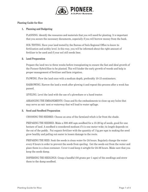 Planting Guide for Rice 1. Planning and Budgeting ... - Pioneer