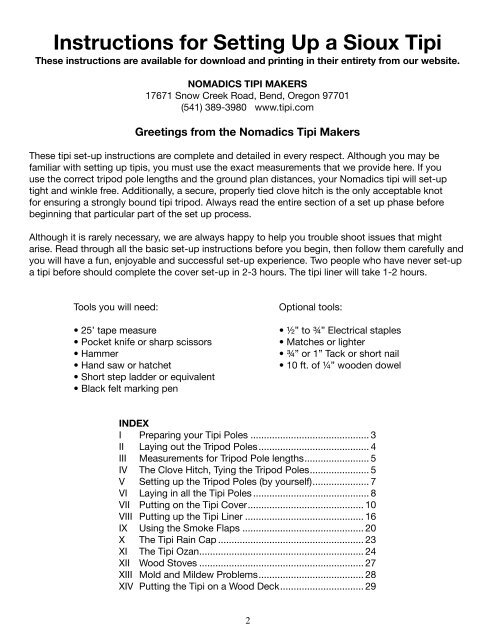 Instructions for Setting up a Sioux Tipi (pdf - Nomadics Tipi Makers