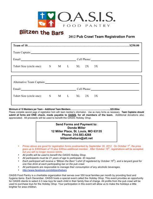 2012 Pub Crawl Team Registration Form Oasis Food Pantry