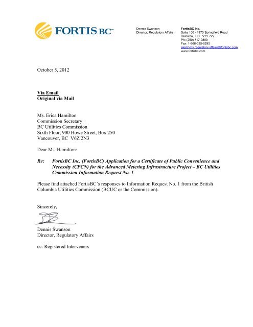 FortisBC Inc. (FortisBC) Application for a Certificate of Public ...