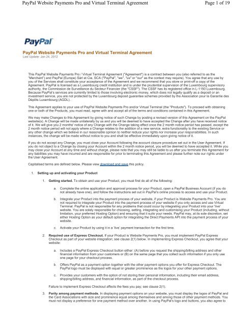 of 19 PayPal Website Payments Pro and Virtual Terminal Agreement