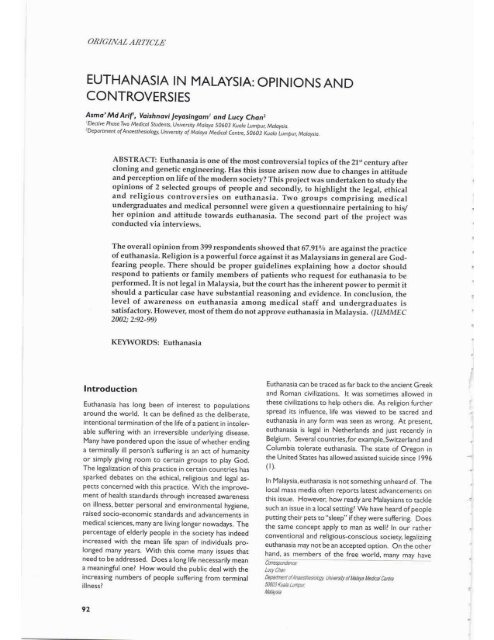 euthanasia in malaysia - Malaysian Abstracting and Indexing System