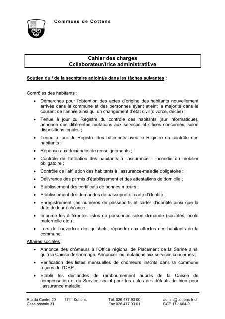 Cahier des charges Collaborateur/trice administratif/ve - Cottens