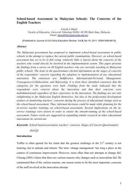 School-based Assessment in Malaysian Schools: The Concerns of ...