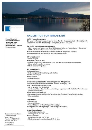 AKQUISITION VON IMMOBILIEN - Luzerner Pensionskasse
