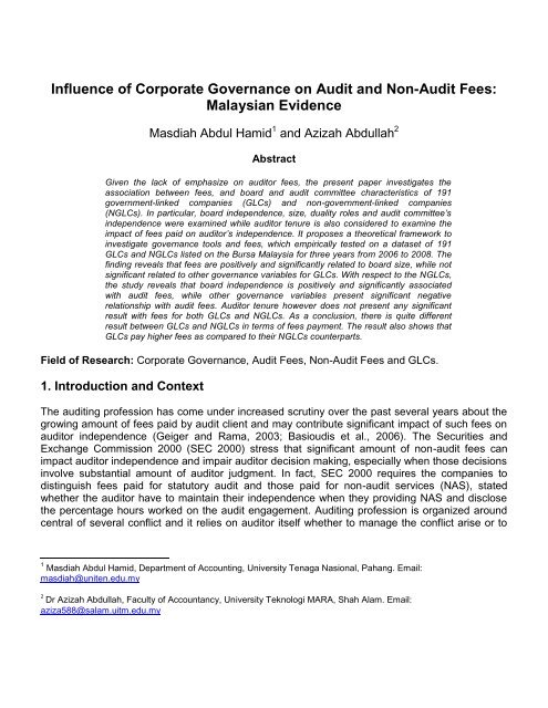 Influence of Corporate Governance on Audit and Non-Audit Fees ...