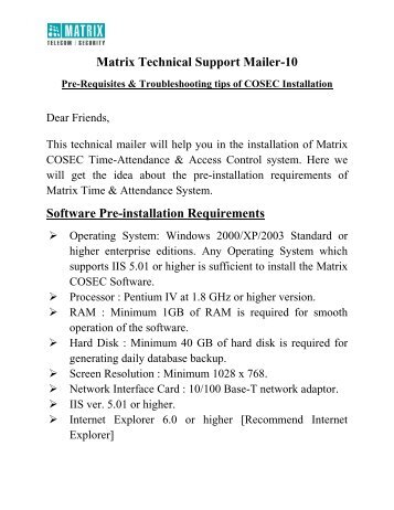 Matrix Technical Support Mailer-10 Software Pre-installation ...