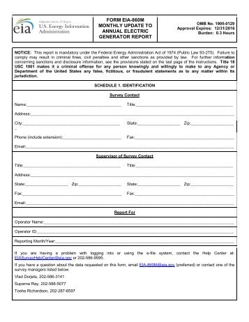 FORM EIA-860M MONTHLY UPDATE TO ANNUAL ELECTRIC ...
