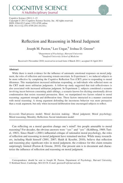 Reflection and Reasoning in Moral Judgment - WJH Home Page ...