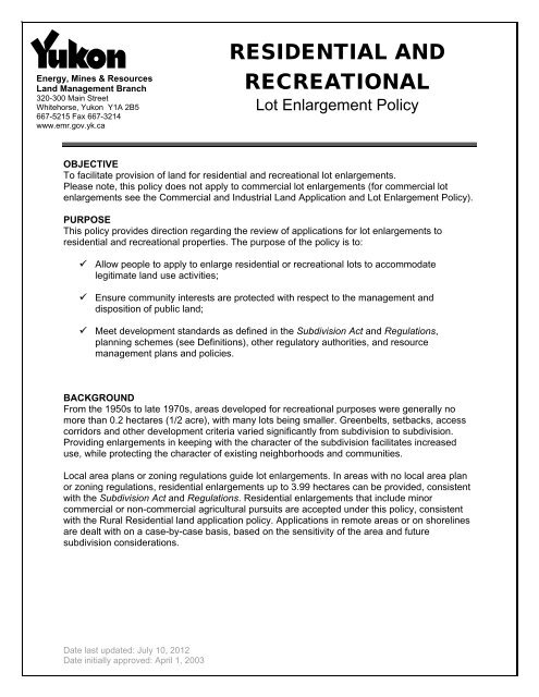 Residential and Recreational Lot Enlargement Policy