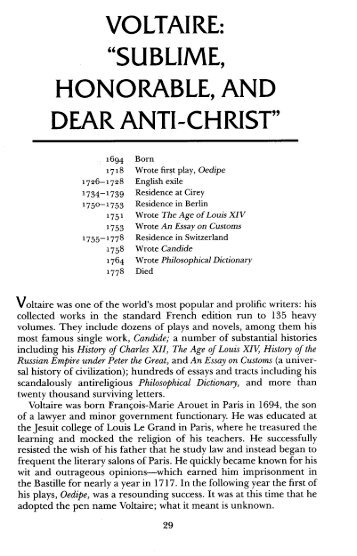 VOLTAIRE: “SUBLIME, HONORABLE, AND DEAR ANTI-CHRIST”