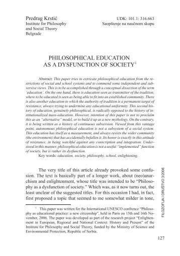 philosophical education as a dysfunction of society1 - doiSerbia