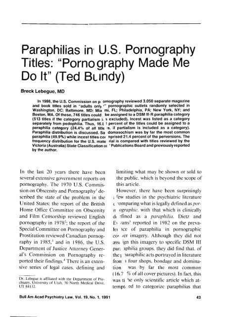 Paraphilias in\ U S . Pornography Titles: "Pornography Made Me Do ...