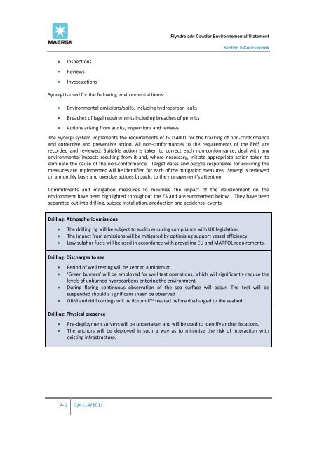 Environmental statement - Flyndre and Cawdor - Maersk Oil