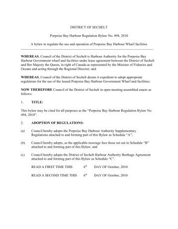 DISTRICT OF SECHELT Porpoise Bay Harbour Regulation Bylaw ...