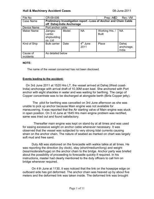 Loss of Anchor and Chain Cable - Univan