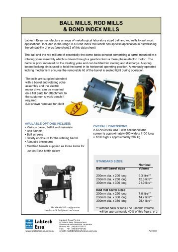 Labtech Essa BALL MILLS, ROD MILLS & BOND INDEX MILLS