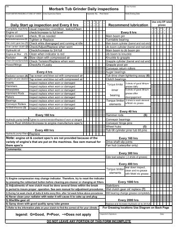 Daily Inspection Form/Lubrication Points - Tub Grinders - Morbark