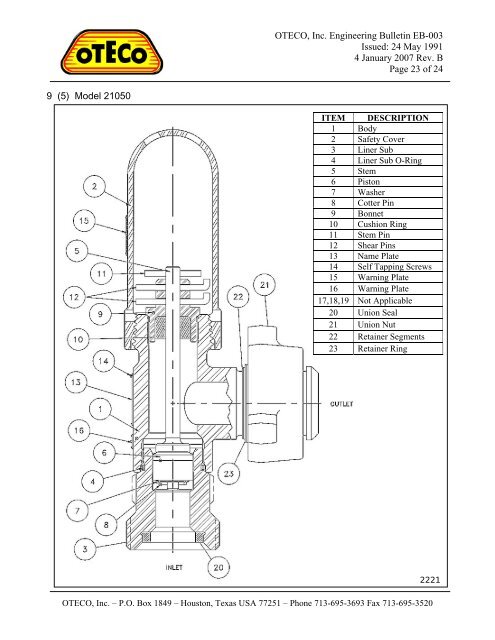 Oteco Shear Pin Chart