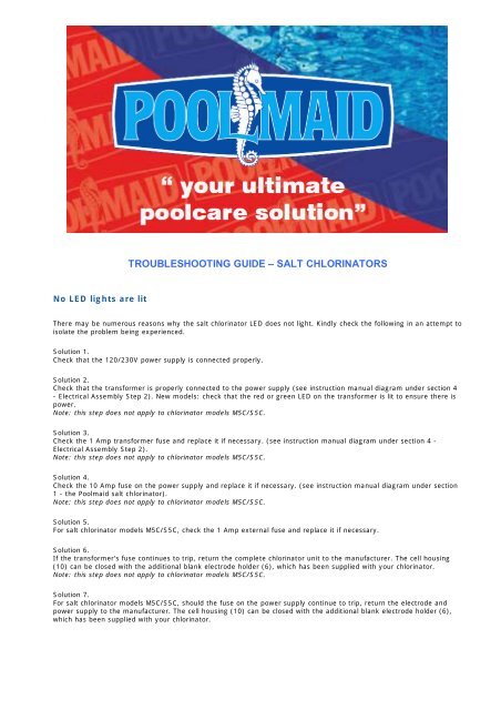 Troubleshooting Guide Salt Chlorinators Poolmaid