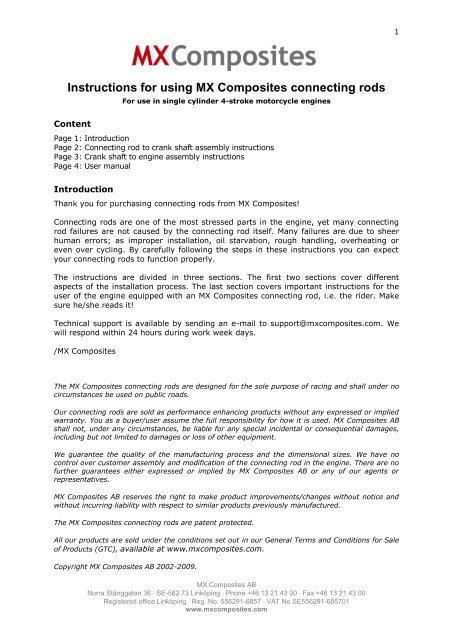 Instructions for using MX Composites connecting rods