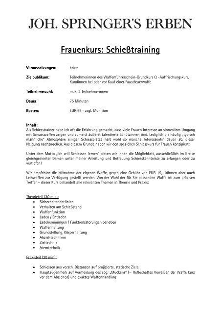 Frauenkurs SchieÃƒÂŸen Informationen PDF - Joh. Springer's Erben