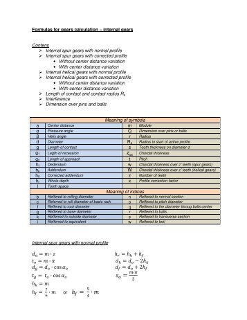 Formulas for gears calculation - internal gears