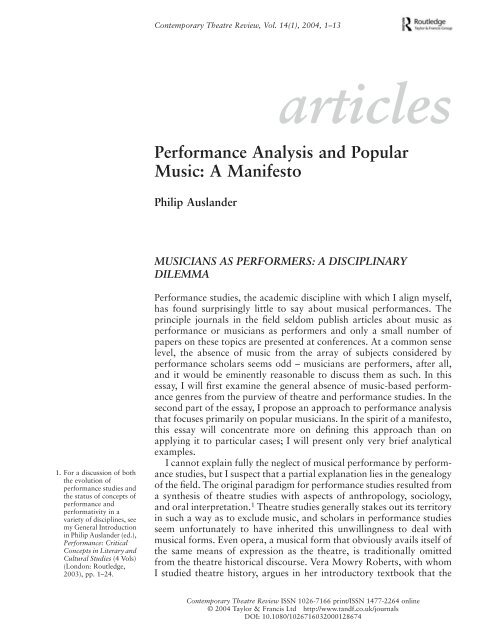Performance Analysis and Popular Music: A Manifesto