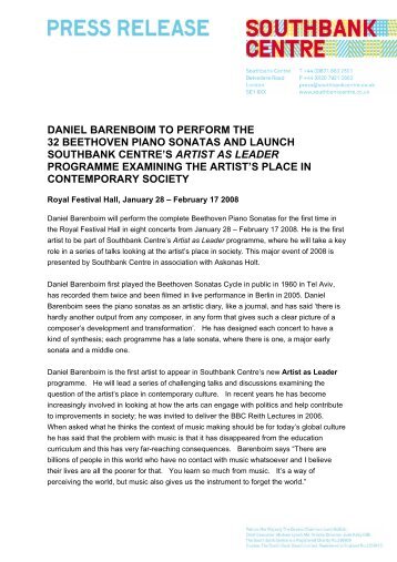 Daniel Barenboim to perform the 32 Beethoven ... - Southbank Centre