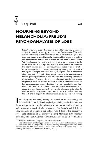 MOURNING BEYOND MELANCHOLIA - American Psychoanalytic ...