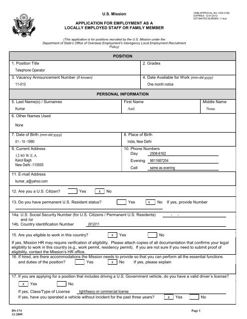 Filled Out Sample Application Form For Reference US Department Of 