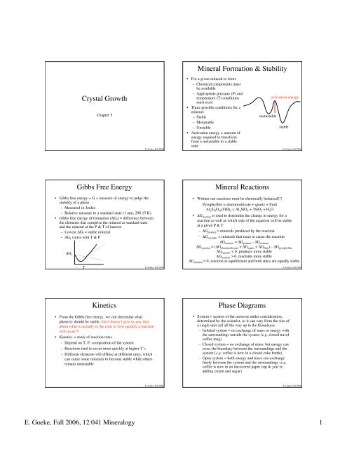 Crystal Growth Mineral Formation & Stability Gibbs Free Energy ...