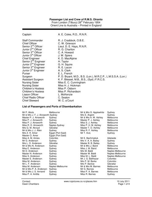 Passenger List And Crew Of R M S Otranto From London Tilbury