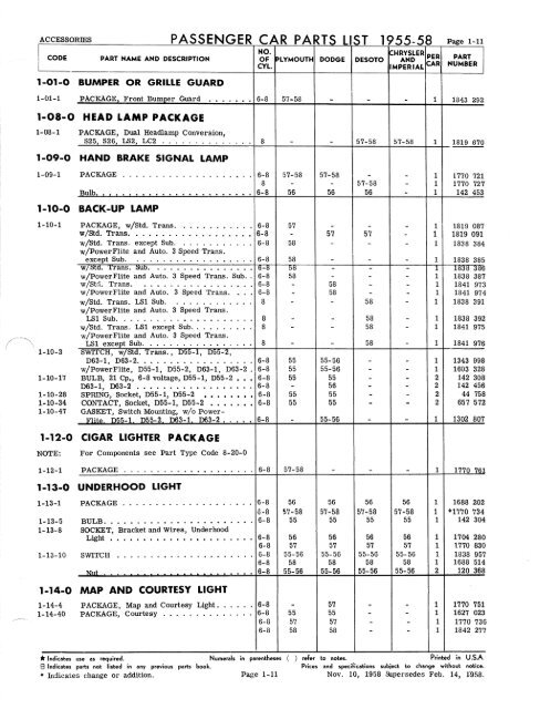 PASSENGER CAR PARTS LIST 1955-58 GROUP 1 - ACCESSORIES